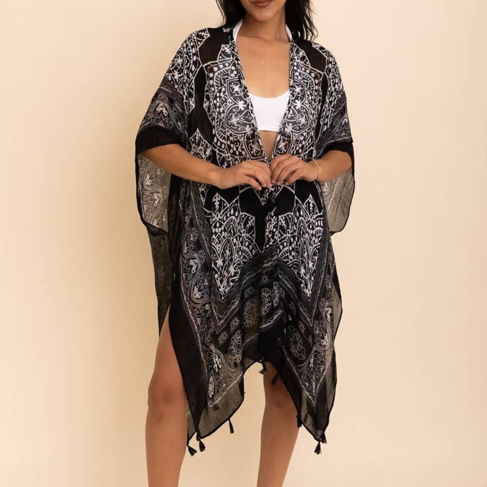 Mandala Tassel Kimono Lightweight Black Boho Wrap